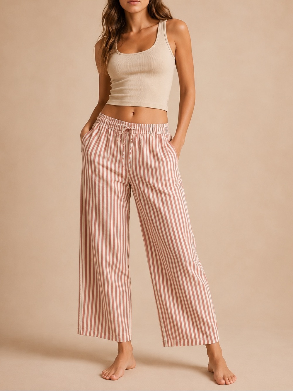 Solai Pink White Stripe Wide Leg Pants Size Medium Coastal Summer XL